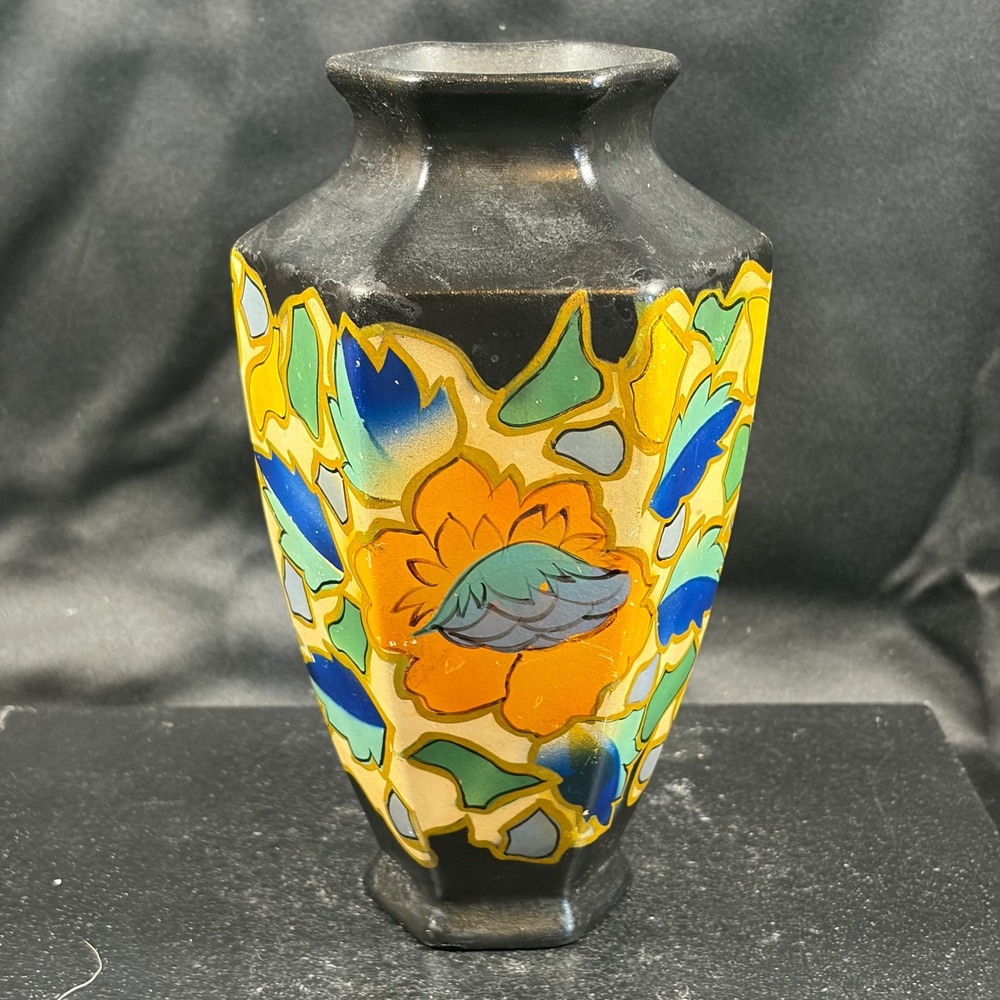 Gouda Holland Art Pottery Vase Matte Black Floral Art Deco Studio Pottery 333